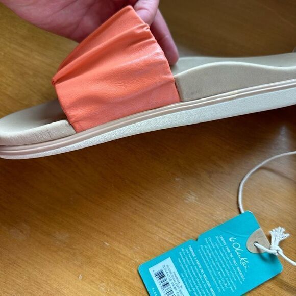 Olukai Women's Pihapiha Fusion Coral-Off White Leather Slide Sandal - Picture 5 of 11